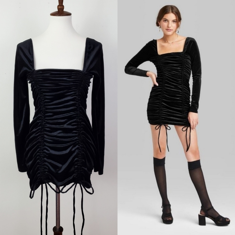 Wild Fable Black Velvet Ruched Mini Dress